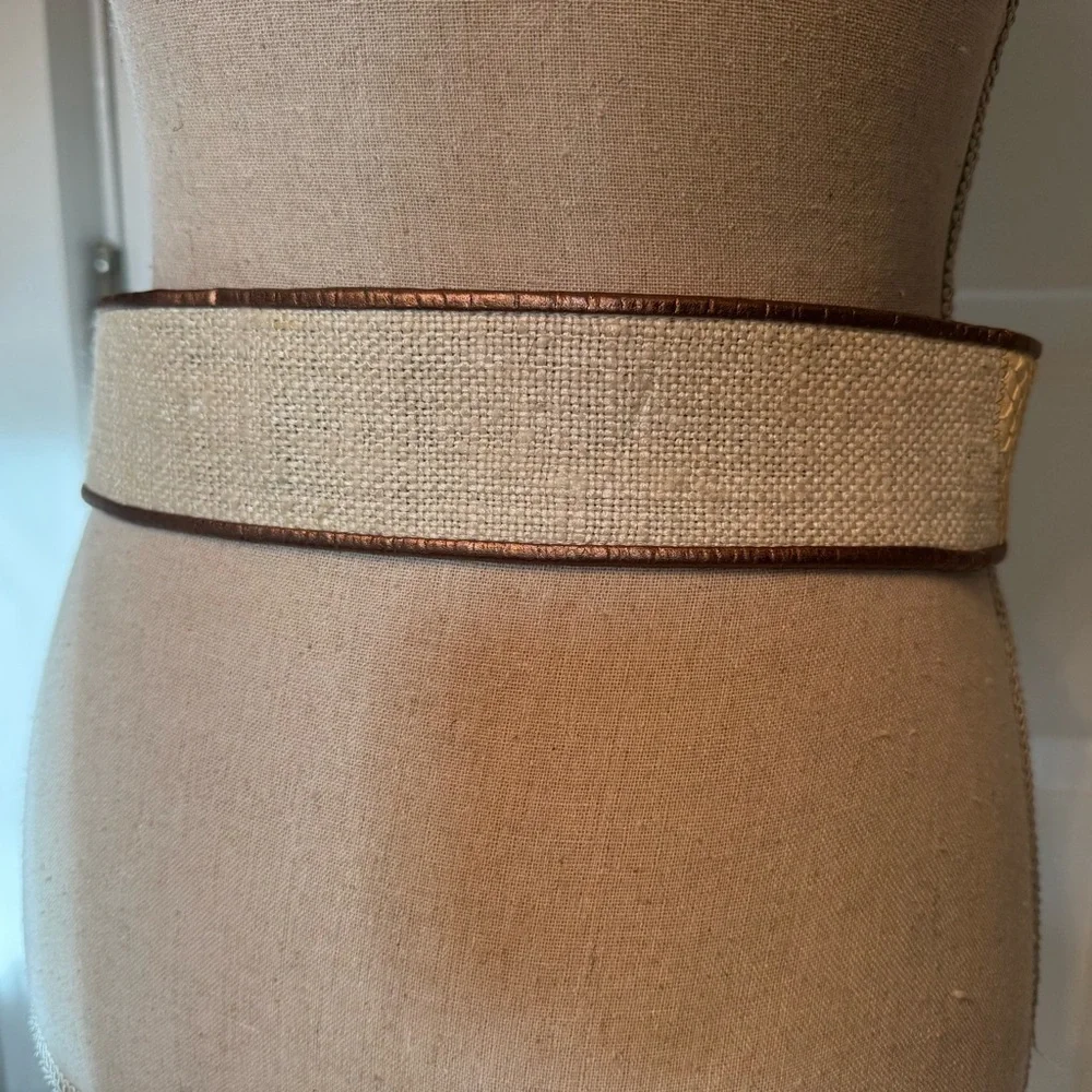 DUSTY BAKER BELT WIDE CREAM FABRIC SNAKESKIN METALLIC BRONZE GOLD SIZE M